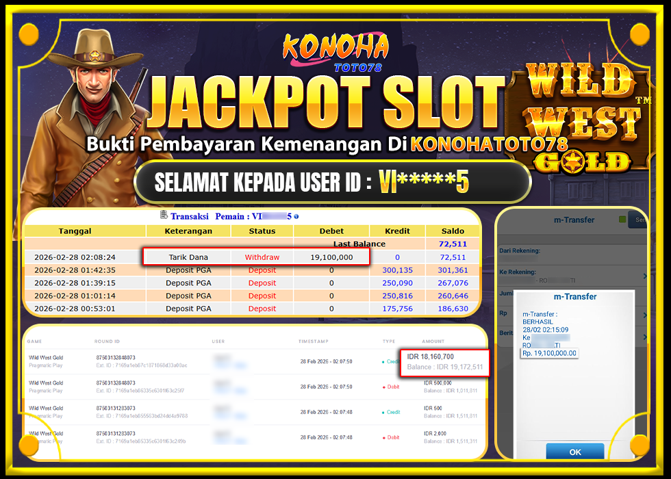 KONOHATOTO78 JACKPOT  WILD WEST GOLD  Rp19.100.000, - LUNAS     